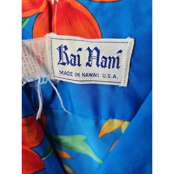 Vintage Kai Nani Hawaiian Top Medium Blue Floral Button Down Shirt - Picture 2 of 4